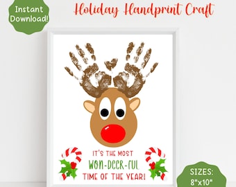 Reindeer Handprint Art, Christmas Handprint Craft, Rudolph Craft For Kids, DIY Christmas Card, Printable Christmas Keepsake, Baby, Toddler