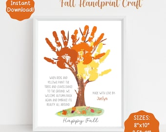 May include: A printable fall handprint craft with a poem about autumn leaves changing colors. The poem reads "When reds and yellows paint the trees and leaves dance to the ground. We welcome autumn back again and embrace its beauty all around." The craft is made with love by Jaelyn. The printable is available in 8x10 inches, 8.5x11 inches, and A4 sizes.
