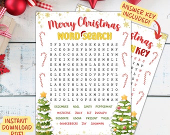 May include: A printable Christmas word search puzzle with a festive green and red Christmas tree design. The puzzle features words related to Christmas, such as "mistletoe", "gingerbread", "snowman", and "rudolph". The text "Merry Christmas Word Search" is at the top of the puzzle. The text "Instant Download PDF!" is at the bottom of the puzzle.