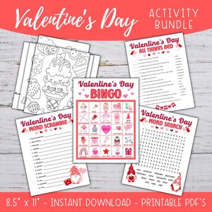 Valentine&#39;s Day Activity Bundle, Printable Kids Valentines Day Games, School Party Activity Bundle, Bingo, Word Search, Coloring Pages