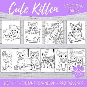 子猫のぬり絵、子供用猫のぬり絵シート、猫好きの方のための印刷可能なぬり絵ページ、デジタルファイル、印刷可能なぬり絵ページ PDF