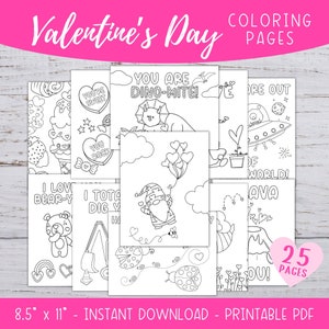Valentine's Day Coloring Pages, Kids Coloring Sheets, Printable Party Activity, Coloring Page Bundle, Classroom Craft, DIY Valentines Card