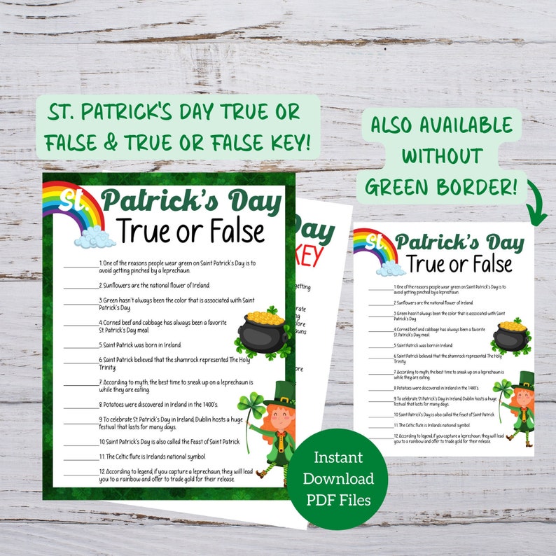 K&ouml;nnte beinhalten: Druckbares St. Patrick's Day-Wahr oder Falsch-Spiel mit gr&uuml;nem Rand und Schl&uuml;ssel. Das Spiel zeigt einen Kobold und einen Topf mit Gold. Das Spiel ist perfekt f&uuml;r eine St. Patrick's Day-Party.