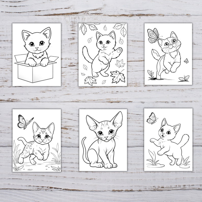 May include: Six black and white coloring pages featuring cute kittens in various poses. The kittens are depicted in a box, with falling leaves, chasing butterflies, and playing.