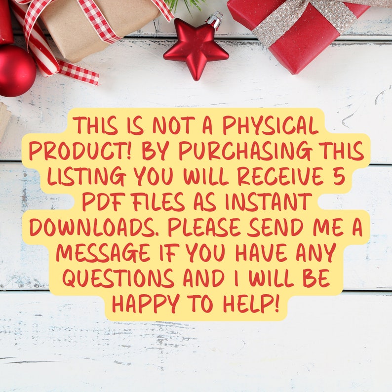 May include: A yellow text box with the message: "THIS IS NOT A PHYSICAL PRODUCT! BY PURCHASING THIS LISTING YOU WILL RECEIVE 5 PDF FILES AS INSTANT DOWNLOADS. PLEASE SEND ME A MESSAGE IF YOU HAVE ANY QUESTIONS AND I WILL BE HAPPY TO HELP!"