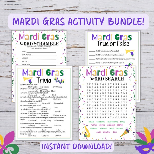 Printable Mardi Gras Game Bundle, Mardi Gras PDF Bundle, Printable Mardi Gras Activities, Mardi Gras School Party, Kids Mardi Gras Games