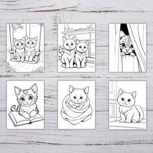 May include: Six black and white coloring pages featuring cute cats in various poses. The cats are shown on a swing, by a fireplace, peeking from behind a curtain, reading a book, curled up in a blanket, and sitting on a step.