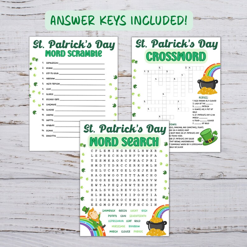 Puede incluir: Juegos imprimibles del D&iacute;a de San Patricio con claves de respuestas incluidas. Los juegos incluyen una b&uacute;squeda de palabras, un crucigrama y una b&uacute;squeda de palabras. Los juegos presentan un tr&eacute;bol verde, un bote de oro y un arco&iacute;ris.