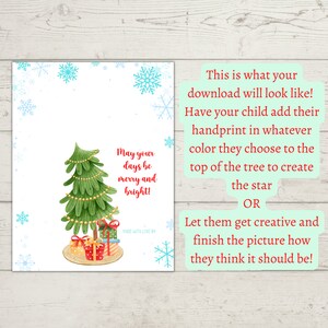 May include: Printable Christmas card featuring a green Christmas tree with gold ornaments and presents underneath. The text reads "May your days be merry and bright!" and "Made with love by".