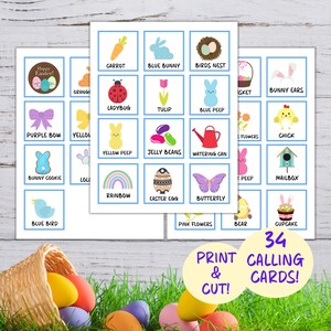 May include: Printable Easter calling cards with 34 different images, including a blue bird, a chick, a bunny cookie, a rainbow, a watering can, a mailbox, a cupcake, a butterfly, a carrot, a ladybug, a tulip, a blue bunny, a birds nest, a blue peep, a yellow peep, jelly beans, a purple bow, a yellow flower, a basket, bunny ears, pink flowers, and an Easter egg. The text "Print & Cut!" and "34 Calling Cards!" is also included.