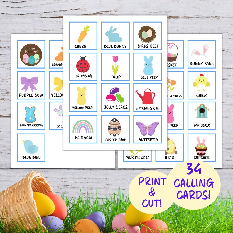 May include: Printable Easter calling cards with 34 different images, including a blue bird, a chick, a bunny cookie, a rainbow, a watering can, a mailbox, a cupcake, a butterfly, a carrot, a ladybug, a tulip, a blue bunny, a birds nest, a blue peep, a yellow peep, jelly beans, a purple bow, a yellow flower, a basket, bunny ears, pink flowers, and an Easter egg. The text "Print & Cut!" and "34 Calling Cards!" is also included.