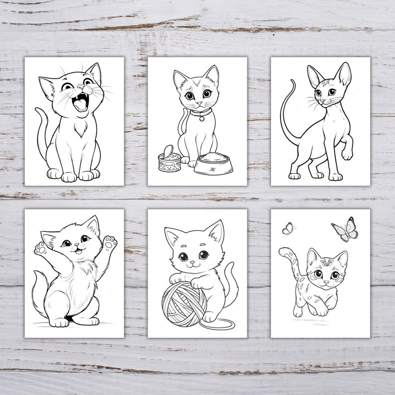 May include: Six black and white coloring pages featuring cute kittens in various poses. The kittens are playing with yarn, eating from a bowl, and looking playful.