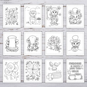 May include: A set of 10 black and white coloring pages featuring various St. Patrick's Day themes, including leprechauns, shamrocks, hats, and gold coins. The pages are designed for children to color.