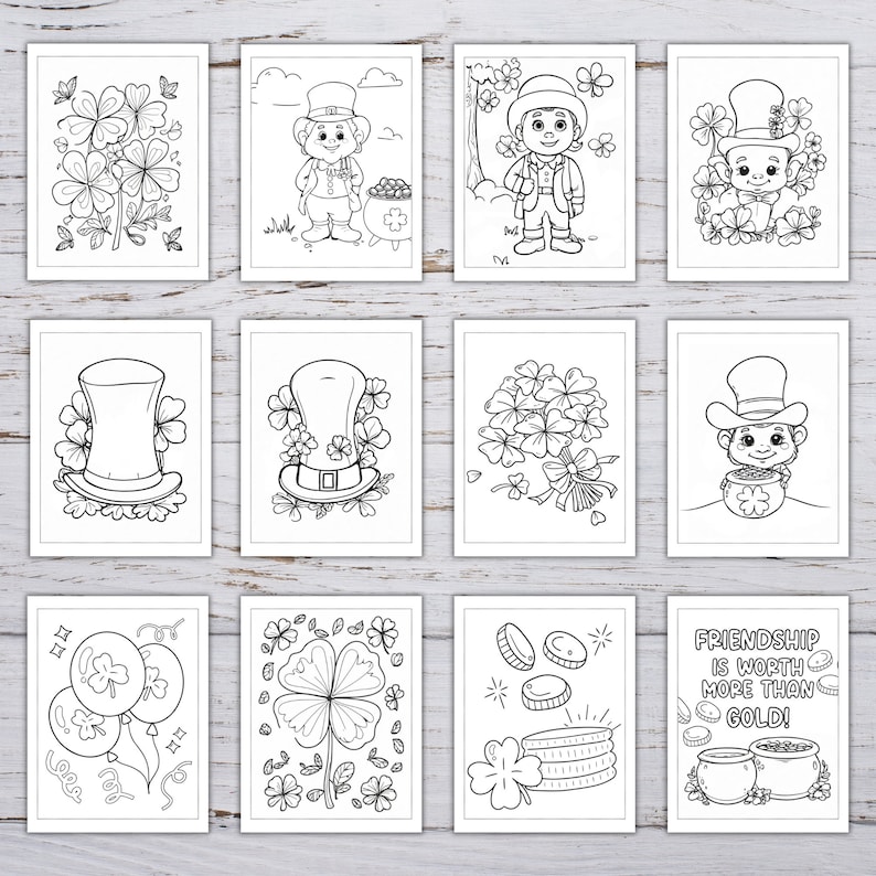 May include: A set of 10 black and white coloring pages featuring various St. Patrick's Day themes, including leprechauns, shamrocks, hats, and gold coins. The pages are designed for children to color.