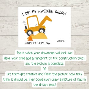 Father's Day Handprint Craft, Printable Father's Day Card, Father's Day Gift From Kids, Digger Craft, DIY Construction Truck Card For Daddy image 2