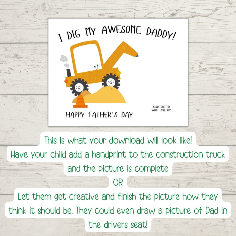 Father's Day Handprint Craft, Printable Father's Day Card, Father's Day Gift From Kids, Digger Craft, DIY Construction Truck Card For Daddy image 2