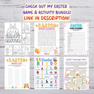 May include: A printable Easter activity bundle with games like word search, word scramble, bingo, and a scavenger hunt. The games feature Easter-themed images like bunnies, eggs, chicks, and baskets.