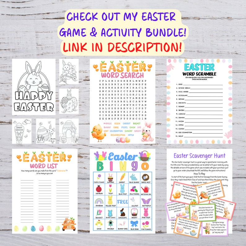 May include: A printable Easter activity bundle with games like word search, word scramble, bingo, and a scavenger hunt. The games feature Easter-themed images like bunnies, eggs, chicks, and baskets.
