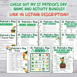 K&ouml;nnte beinhalten: Ein druckbares St. Patrick's Day Spiel- und Aktivit&auml;tspaket. Das Paket enth&auml;lt ein Kreuzwortr&auml;tsel, eine Wortsuche, ein Wort-Scramble, Richtig oder Falsch, R&auml;tsel mich, alles Gr&uuml;ne, eine Wortliste, Trivia, Bingo und wer ist am meisten wie ein Kobold. Die Spiele sind in einem gr&uuml;n-wei&szlig;-goldenen Farbschema gestaltet und zeigen Kleebl&auml;tter, Kobolde und Regenb&ouml;gen.