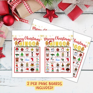 May include: Two printable Christmas bingo cards with a gingerbread man design. The cards feature a variety of Christmas-themed images, including a Christmas tree, a stocking, a snowman, and a candy cane. The text "Merry Christmas Bingo" is at the top of each card.