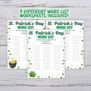 Puede incluir: Tres hojas de trabajo de lista de palabras imprimibles para el D&iacute;a de San Patricio. Cada hoja de trabajo presenta una palabra diferente de la que se pueden formar palabras: "Mischievous", "Leprechaun" y "St. Patrick's Day".