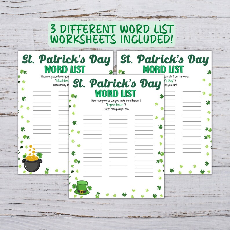 Puede incluir: Tres hojas de trabajo de lista de palabras imprimibles para el D&iacute;a de San Patricio. Cada hoja de trabajo presenta una palabra diferente de la que se pueden formar palabras: "Mischievous", "Leprechaun" y "St. Patrick's Day".