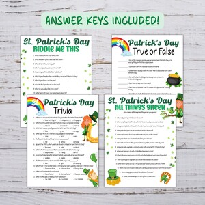 Puede incluir: Cuatro tarjetas de juego imprimibles para el D&iacute;a de San Patricio con dise&ntilde;os de tr&eacute;bol verde y arco&iacute;ris. Los juegos incluyen un acertijo, una trivia, verdadero o falso, y todo lo que es verde.