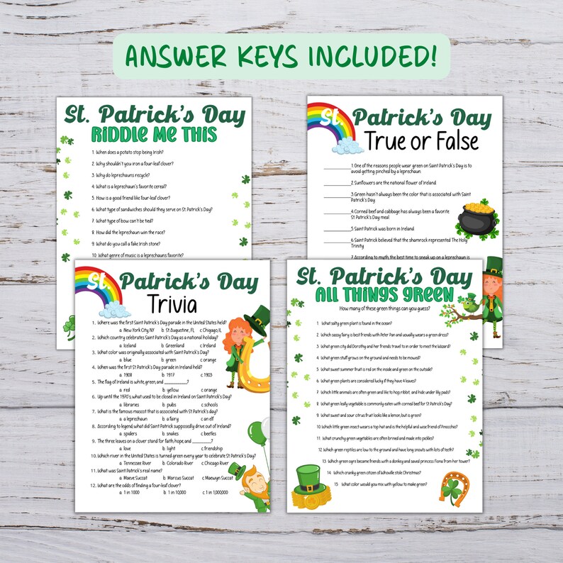 Puede incluir: Cuatro tarjetas de juego imprimibles para el D&iacute;a de San Patricio con dise&ntilde;os de tr&eacute;bol verde y arco&iacute;ris. Los juegos incluyen un acertijo, una trivia, verdadero o falso, y todo lo que es verde.