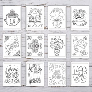 May include: A set of 10 printable coloring pages featuring St. Patrick's Day themes. The pages include images of leprechauns, pots of gold, shamrocks, rainbows, and the text "Luck of the Irish" and "You Sham Rock!"