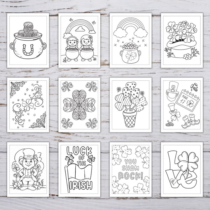 May include: A set of 10 printable coloring pages featuring St. Patrick's Day themes. The pages include images of leprechauns, pots of gold, shamrocks, rainbows, and the text "Luck of the Irish" and "You Sham Rock!"