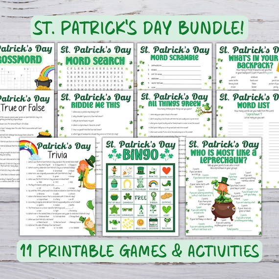 Printable St. Patrick's Day Games, St Patrick's Day Activity Bundle, St. Patrick's Day Bingo, St Patrick's Day Trivia Games, Classroom Games