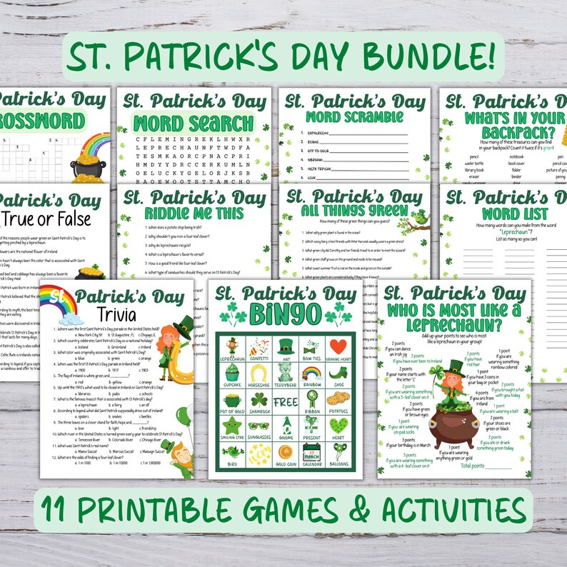 Puede incluir: Un paquete de juegos y actividades imprimibles para el D&iacute;a de San Patricio con 11 juegos. Los juegos incluyen un crucigrama, una b&uacute;squeda de palabras, un juego de palabras, verdadero o falso, adivina qu&eacute; es, todo lo que es verde, lista de palabras, trivia, bingo y qui&eacute;n se parece m&aacute;s a un duende. Los juegos est&aacute;n dise&ntilde;ados para ni&ntilde;os y adultos.