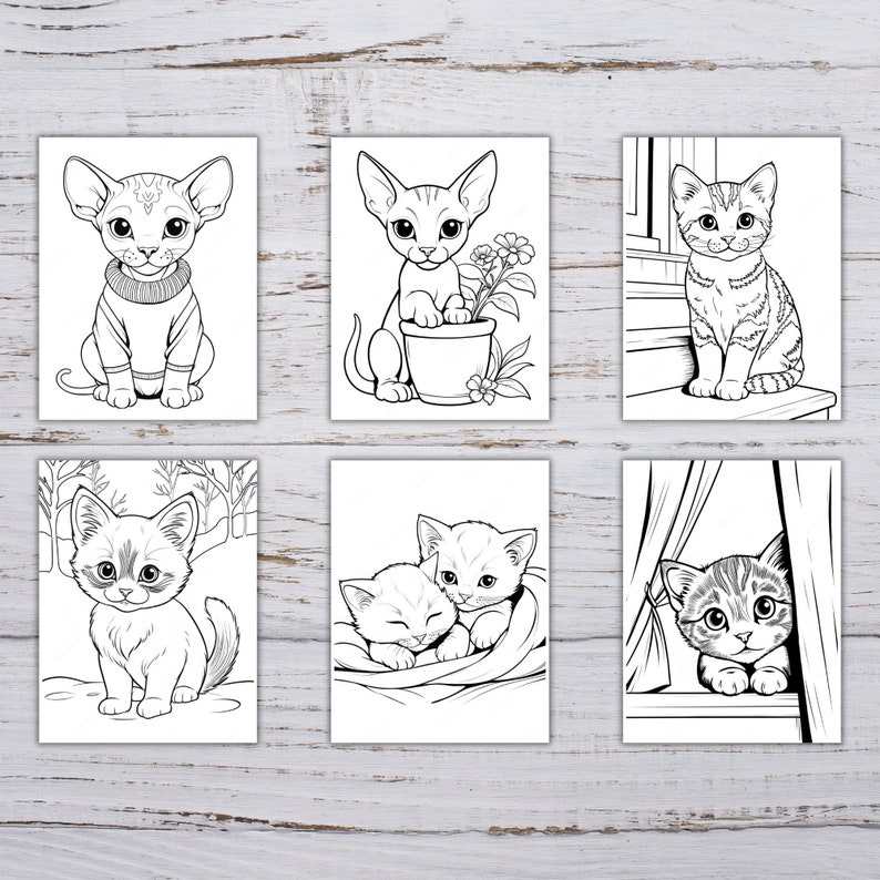 May include: Six black and white coloring pages featuring different cats. The cats are in various poses, including sitting, standing, and sleeping. Some cats are alone, while others are in pairs. The coloring pages are perfect for cat lovers of all ages.