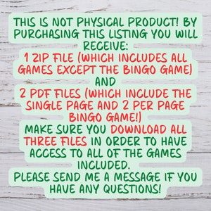 Puede incluir: Un gr&aacute;fico de texto verde y blanco sobre un fondo de madera. El texto dice: "&iexcl;Este no es un producto f&iacute;sico! Al comprar esta lista, recibir&aacute;s: 1 archivo zip (que incluye todos los juegos excepto el juego de bingo) y 2 archivos PDF (que incluyen la p&aacute;gina &uacute;nica y 2 por p&aacute;gina de juego de bingo!) &iexcl;Aseg&uacute;rate de descargar los tres archivos para tener acceso a todos los juegos incluidos! &iexcl;Por favor, env&iacute;ame un mensaje si tienes alguna pregunta!"