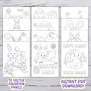 Pode incluir: Doze p&aacute;ginas para colorir em preto e branco com temas de P&aacute;scoa. As p&aacute;ginas incluem coelhos, pintinhos, ovos, cordeiros e flores. O texto nas p&aacute;ginas diz "Come", "Free Eggs", "Let's Paint Some Eggs", e "Easter Pals".