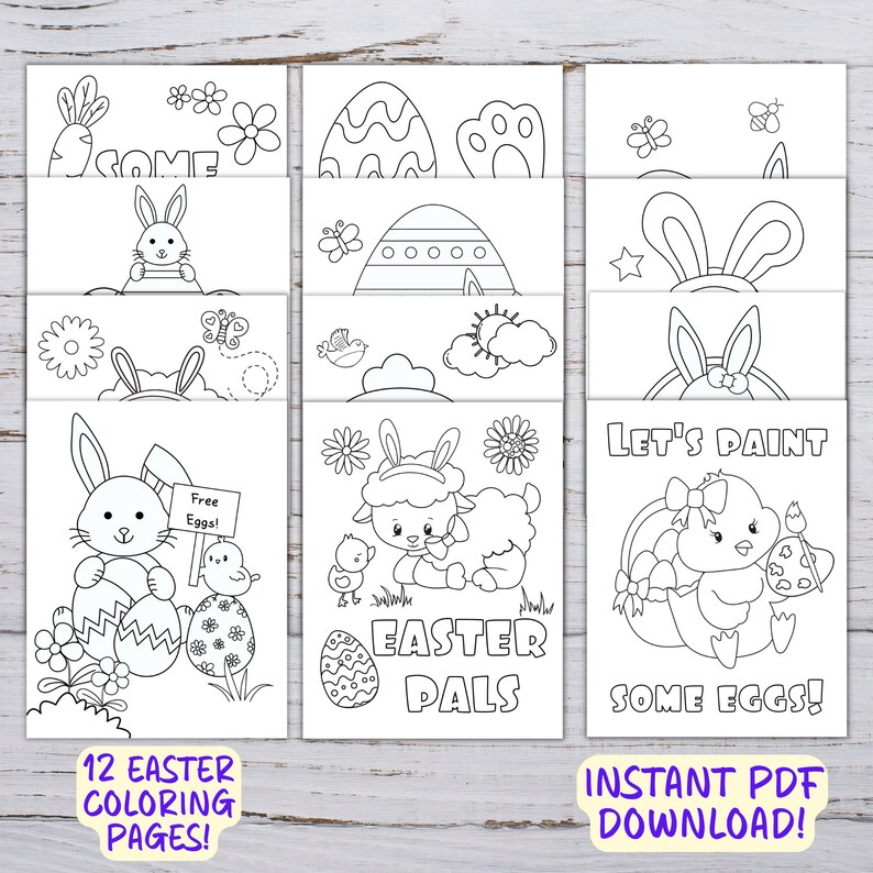 Pode incluir: Doze p&aacute;ginas para colorir em preto e branco com temas de P&aacute;scoa. As p&aacute;ginas incluem coelhos, pintinhos, ovos, cordeiros e flores. O texto nas p&aacute;ginas diz "Come", "Free Eggs", "Let's Paint Some Eggs", e "Easter Pals".
