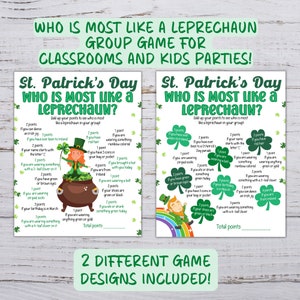 Puede incluir: Dos tarjetas de juego imprimibles para el D&iacute;a de San Patricio. Cada tarjeta tiene una lista de actividades y rasgos relacionados con los duendes. Los jugadores obtienen puntos por cada elemento que se aplica a ellos. Las tarjetas presentan ilustraciones de un duende y una olla de oro.