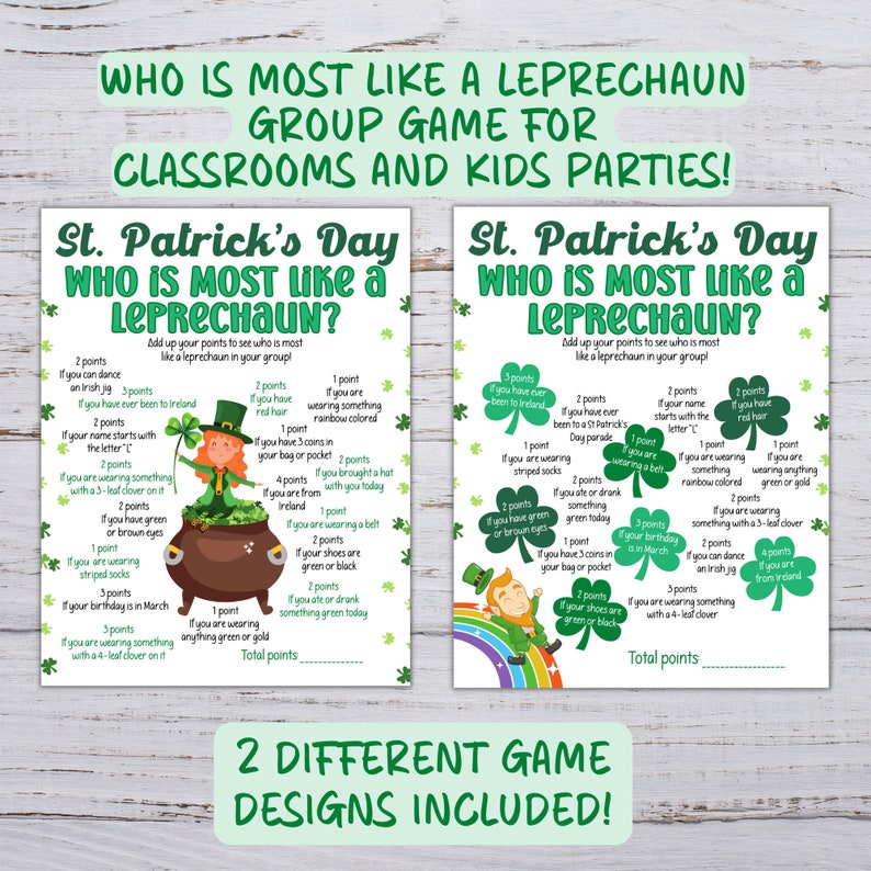 Puede incluir: Dos tarjetas de juego imprimibles para el D&iacute;a de San Patricio. Cada tarjeta tiene una lista de actividades y rasgos relacionados con los duendes. Los jugadores obtienen puntos por cada elemento que se aplica a ellos. Las tarjetas presentan ilustraciones de un duende y una olla de oro.