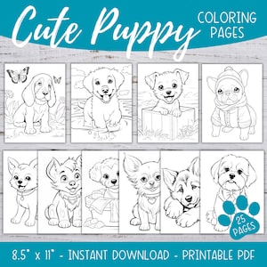 Puede incluir: Un conjunto de 25 p&aacute;ginas para colorear imprimibles con ilustraciones de cachorros adorables, en formato 8,5 x 11 pulgadas. Las p&aacute;ginas son en blanco y negro y presentan una variedad de razas de perros, incluyendo un golden retriever, un chihuahua, un pug y un husky.
