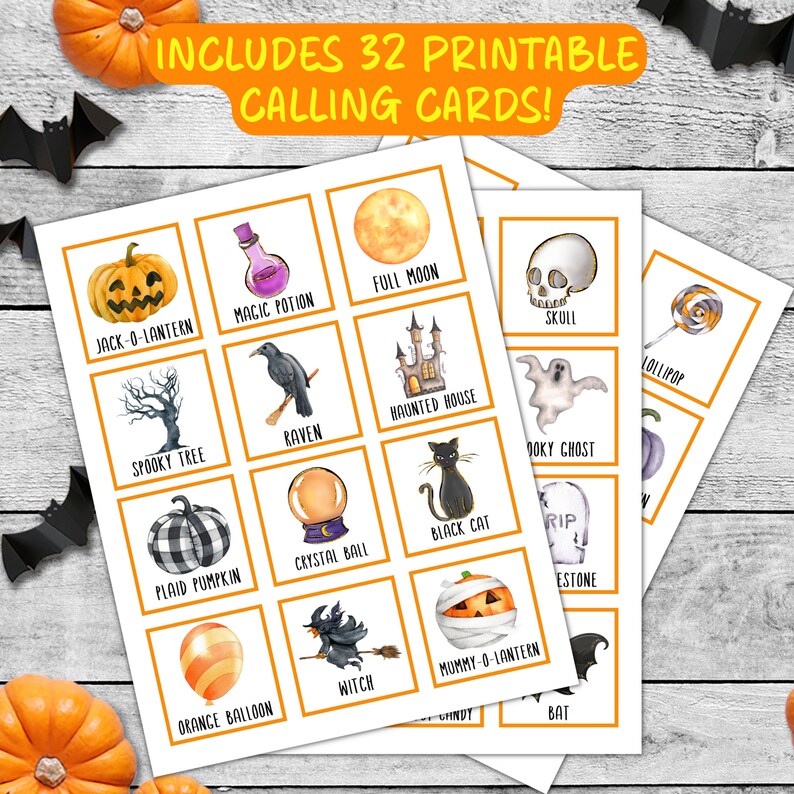 May include: A set of 32 printable Halloween calling cards featuring various spooky and festive images, including a jack-o-lantern, a raven, a haunted house, a black cat, a witch, and a mummy. The cards are designed with orange and white borders and are perfect for a Halloween party game.
