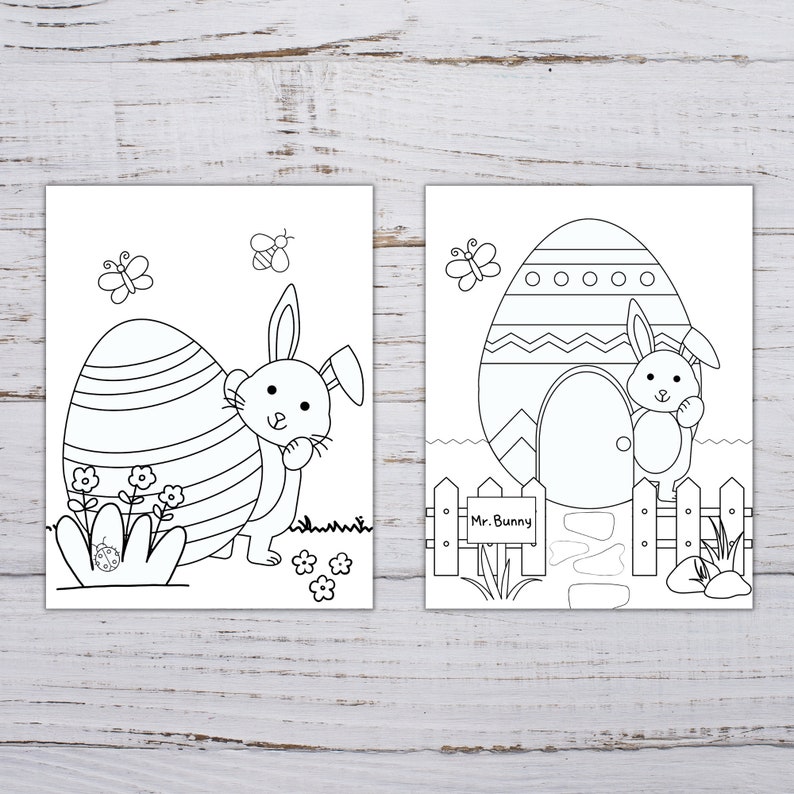 Pode incluir: Duas p&aacute;ginas para colorir em preto e branco com coelhos da P&aacute;scoa. A primeira p&aacute;gina mostra um coelho em p&eacute; ao lado de um ovo grande com listras. A segunda p&aacute;gina mostra um coelho em p&eacute; em frente a uma casa em forma de ovo com uma placa que diz "Mr. Bunny".