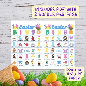 May include: Two printable Easter Bingo cards with a colorful design featuring images of bunnies, eggs, chicks, and other Easter-themed items. The cards are designed to be printed on 8.5 x 11 inch paper.
