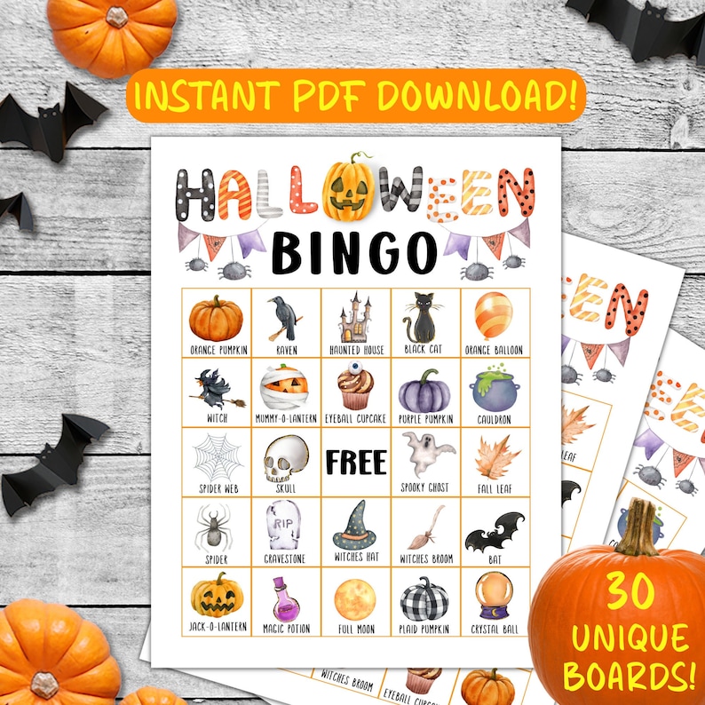 May include: A printable Halloween bingo card with 30 unique boards. The card features images of Halloween icons such as a witch, a jack-o-lantern, a spider web, a cauldron, a ghost, and a bat. The card also includes the text "INSTANT PDF DOWNLOAD!" and "30 UNIQUE BOARDS!"