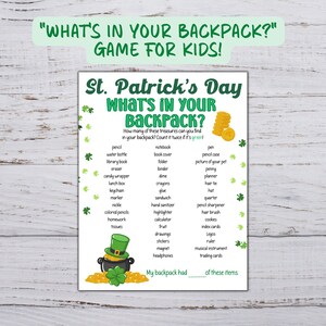 Puede incluir: Un juego imprimible del D&iacute;a de San Patricio para ni&ntilde;os. El juego se llama "&iquest;Qu&eacute; hay en tu mochila?" y presenta una lista de art&iacute;culos que los ni&ntilde;os podr&iacute;an encontrar en sus mochilas. El juego est&aacute; decorado con tr&eacute;boles y monedas de oro.