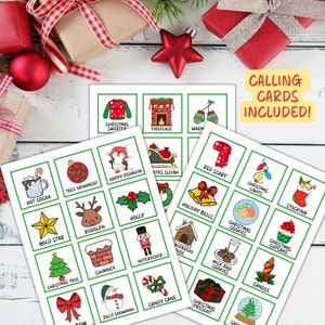 May include: A Christmas Bingo game with a green and white color scheme. The game board features images of Christmas-themed items such as a Christmas tree, a stocking, a snowman, and a candy cane. The text "Calling Cards Included!" is printed on a white card.
