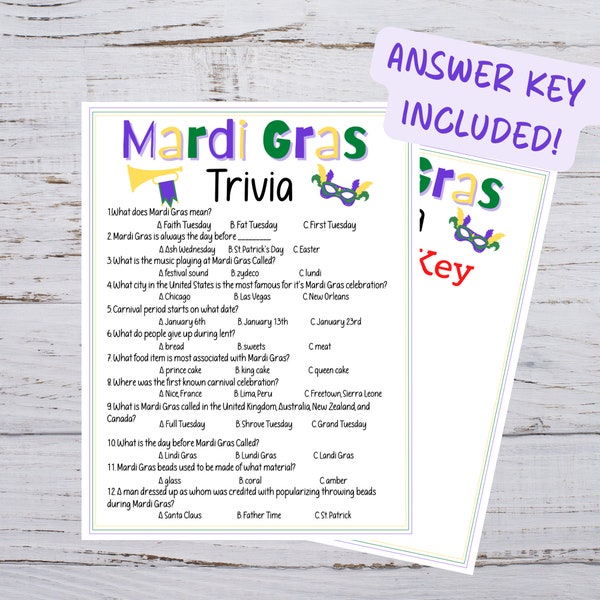 Printable Mardi Gras Trivia, Carnival Trivia Game, Mardi Gras Quiz, Mardi Gras Worksheet, Mardi Gras Classroom Activity, Fat Tuesday Party