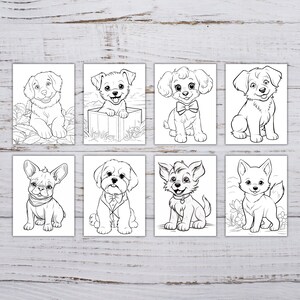 Puede incluir: Un conjunto de ocho p&aacute;ginas para colorear en blanco y negro con diferentes razas de perros. Cada p&aacute;gina presenta un lindo perro de dibujos animados en una variedad de poses.