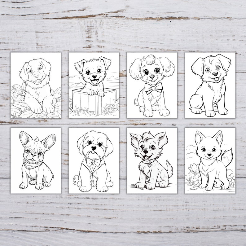 Puede incluir: Un conjunto de ocho p&aacute;ginas para colorear en blanco y negro con diferentes razas de perros. Cada p&aacute;gina presenta un lindo perro de dibujos animados en una variedad de poses.