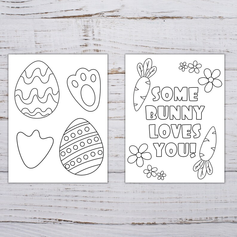 Pode incluir: P&aacute;gina para colorir em preto e branco com tema de coelho. A p&aacute;gina inclui uma pegada de coelho, dois ovos de P&aacute;scoa e uma cenoura. O texto na p&aacute;gina diz "Some bunny loves you!"