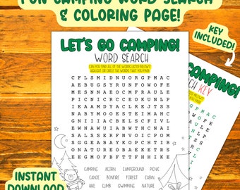 Camping Word Search, Printable Word Find For Kids, Camping Activity, Summer Camp Work Sheet, Day Camp Game, Summer Activity, Printable Game